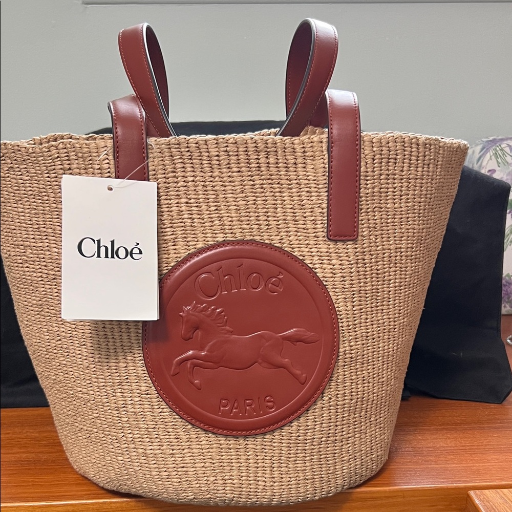Chloe Tan Woven Tote with Brown Leather